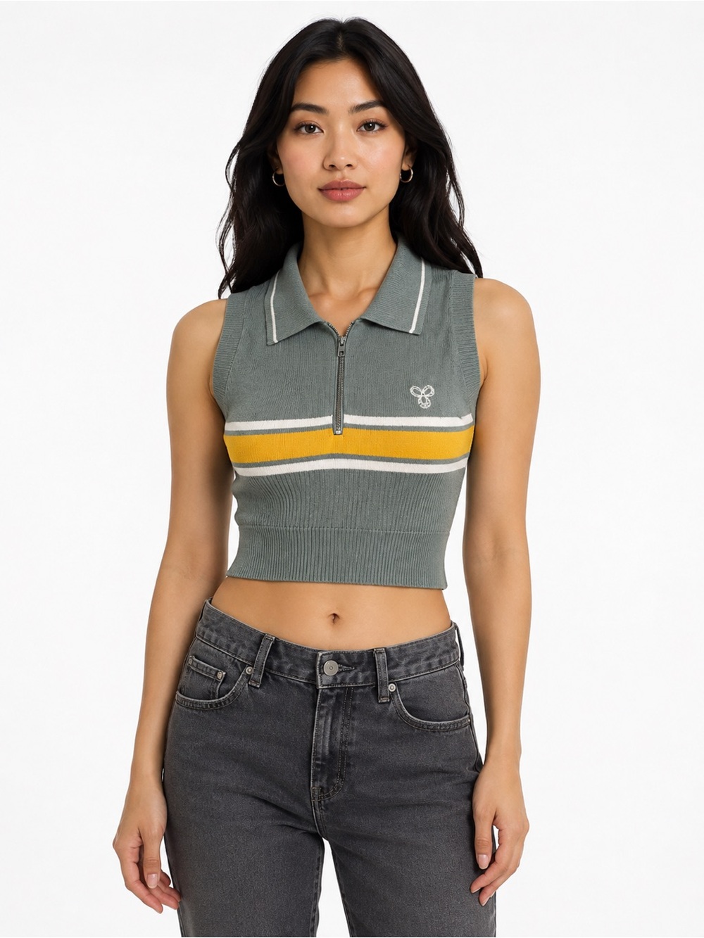 Aritzia Tna Sage Green Striped Knit Zip Polo Crop Tank 2XS